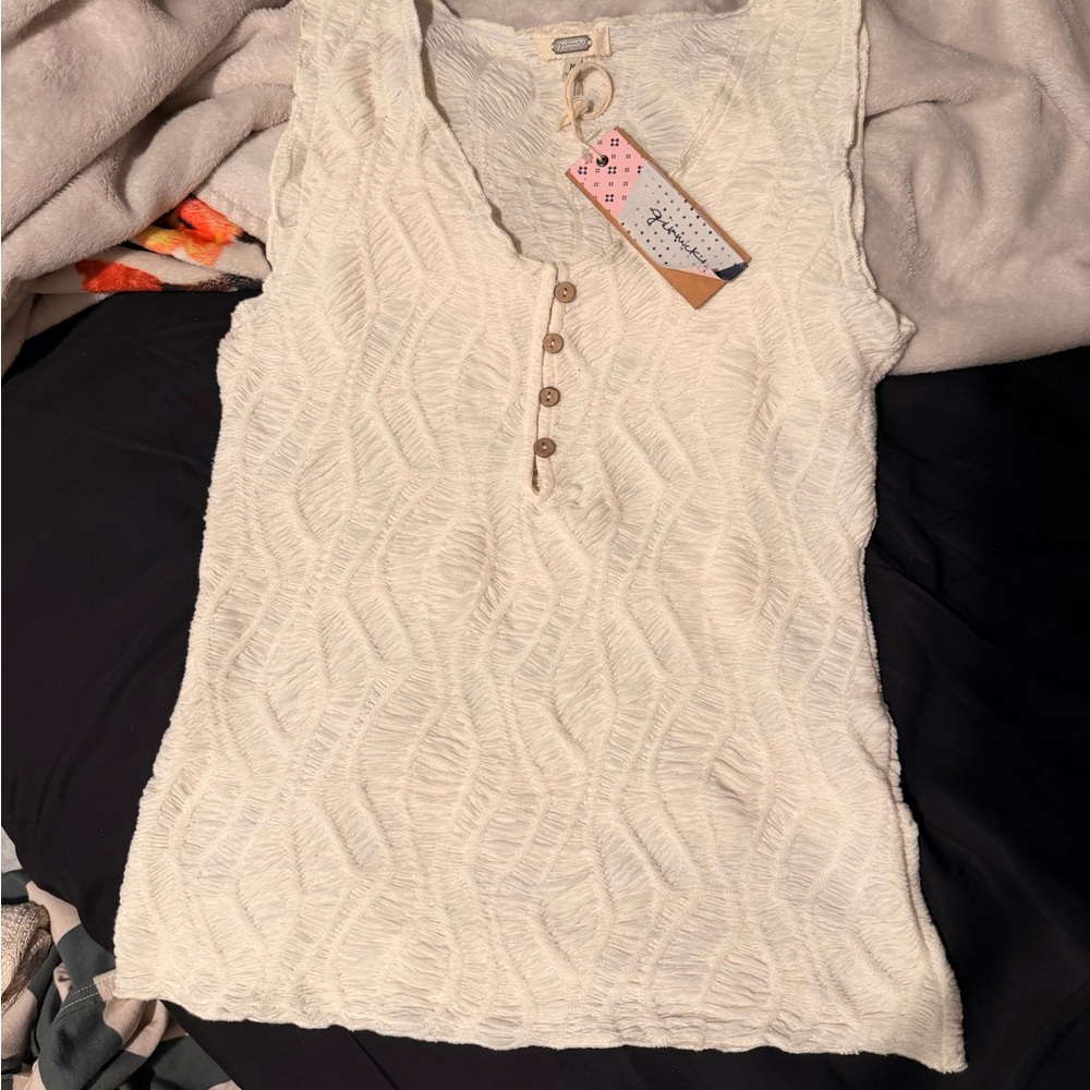 Buckle Cream Textured Henley Tank Top